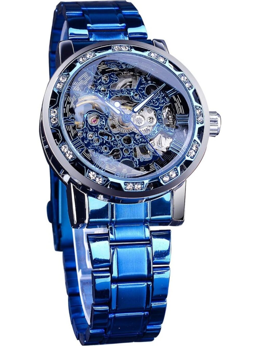Vintage-Inspired Mechanical Skeleton Watch with Diamond Accents & Floral Design